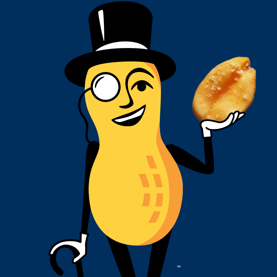 Mr. Peanut holding a nut. The nut is quickly changing among different kinds, including peanuts, almonds, and cashews.