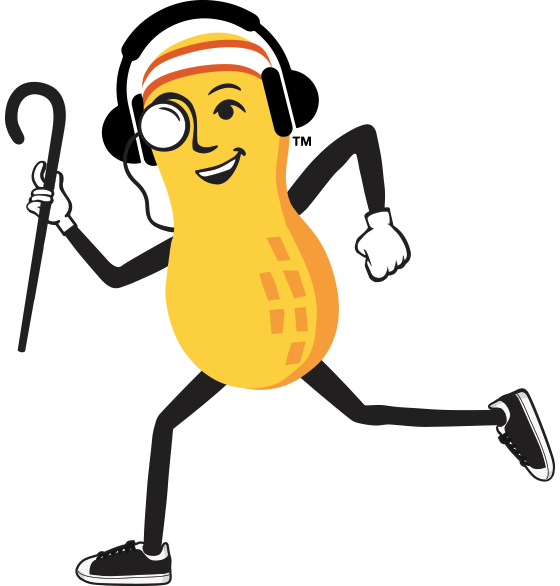 Mr. Peanut jogging with headphones on
