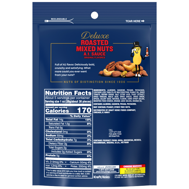 PLANTERS® A1 Sauce Flavored Roasted Deluxe Mixed Nuts 5.5 oz bag -  PLANTERS® Brand