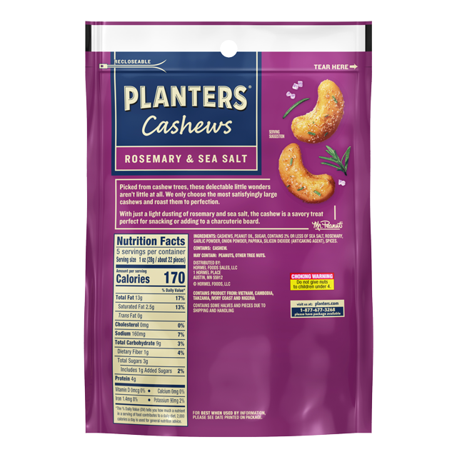 PLANTERS® Rosemary & Sea Salt Cashews, 5 oz bag