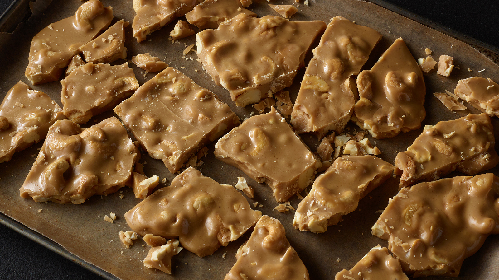Platter of buttery cashew brittle.