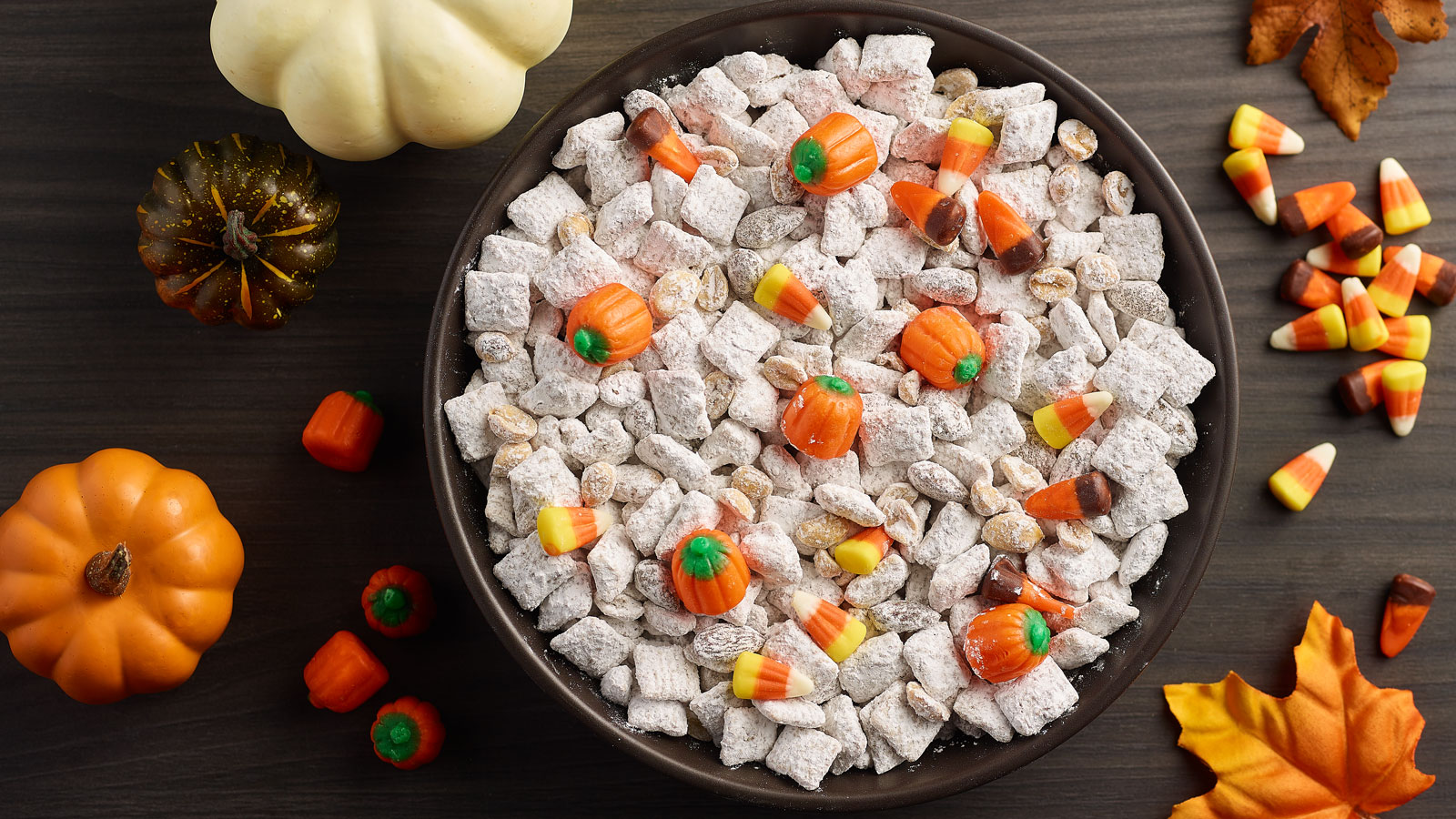 Bowl of pumpkin spice party mix.