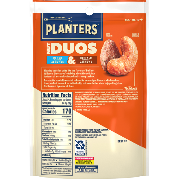PLANTERS<sup>®</sup> Nut Duos Buffalo Cashews & Ranch Almonds, 5 oz bag