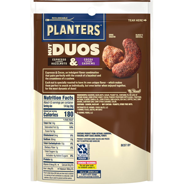 PLANTERS<sup>®</sup> Nut DUOS Cocoa Cashews & Espresso Hazelnuts, 5 oz Bag