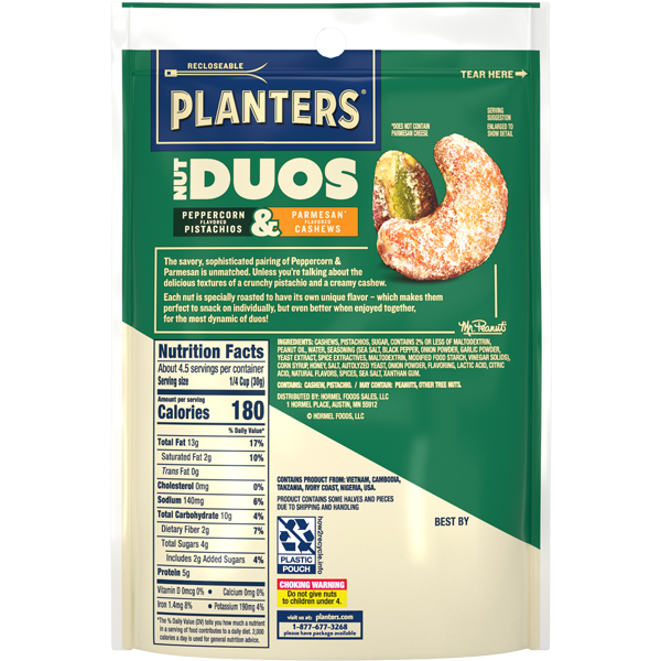 PLANTERS® Nut DUOS Peppercorn Pistachios & Parmesan Flavored Cashews, 5 OZ BAG 