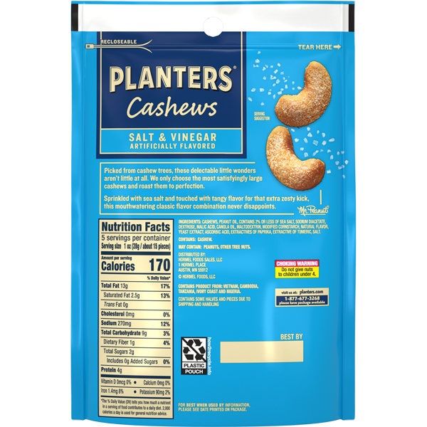 PLANTERS<sup>®</sup> SALT & VINEGAR CASHEWS, 5 OZ. BAG