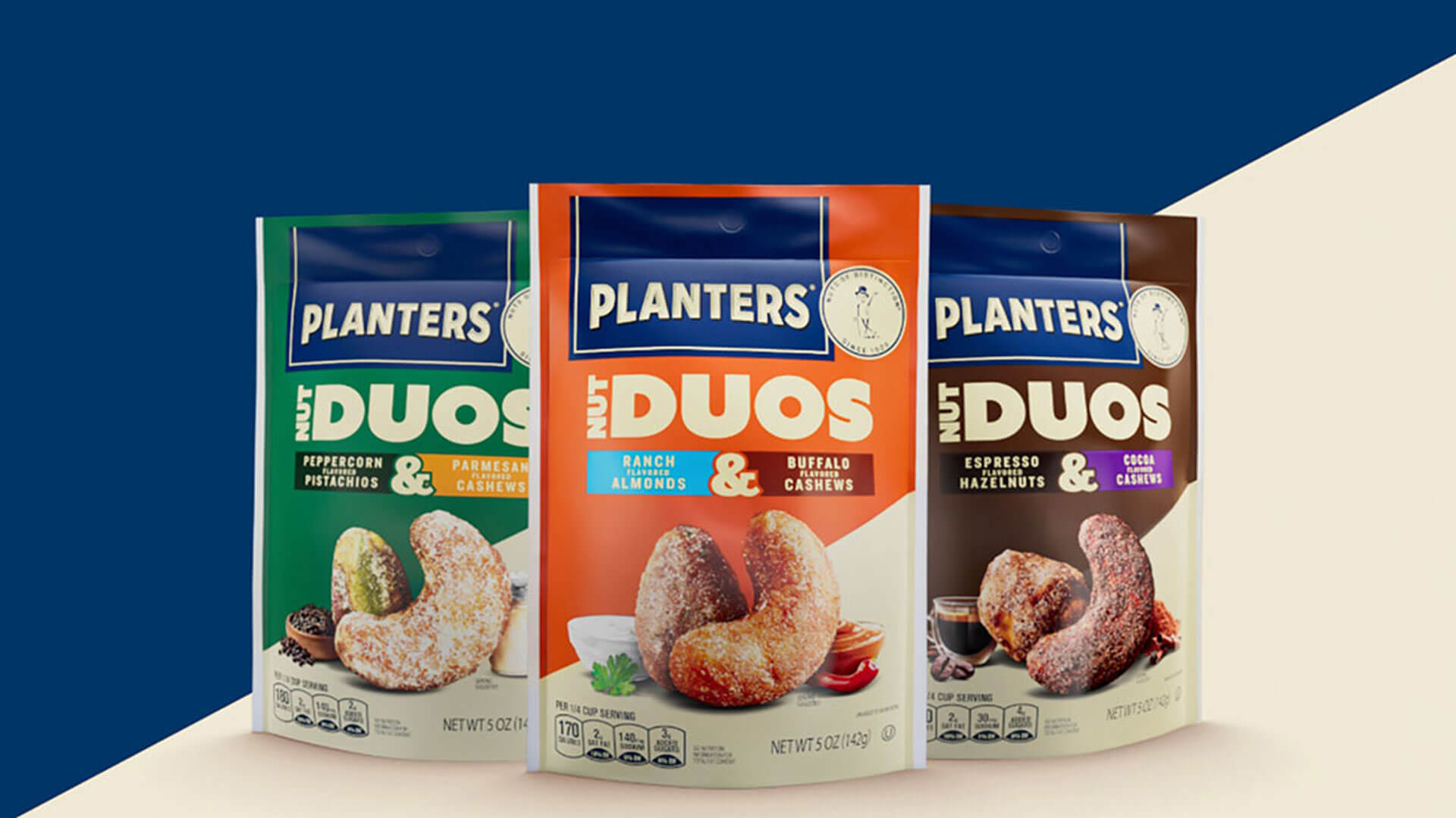 Promotional photo of planters nut duos with 3 cans over a blue and cream split background