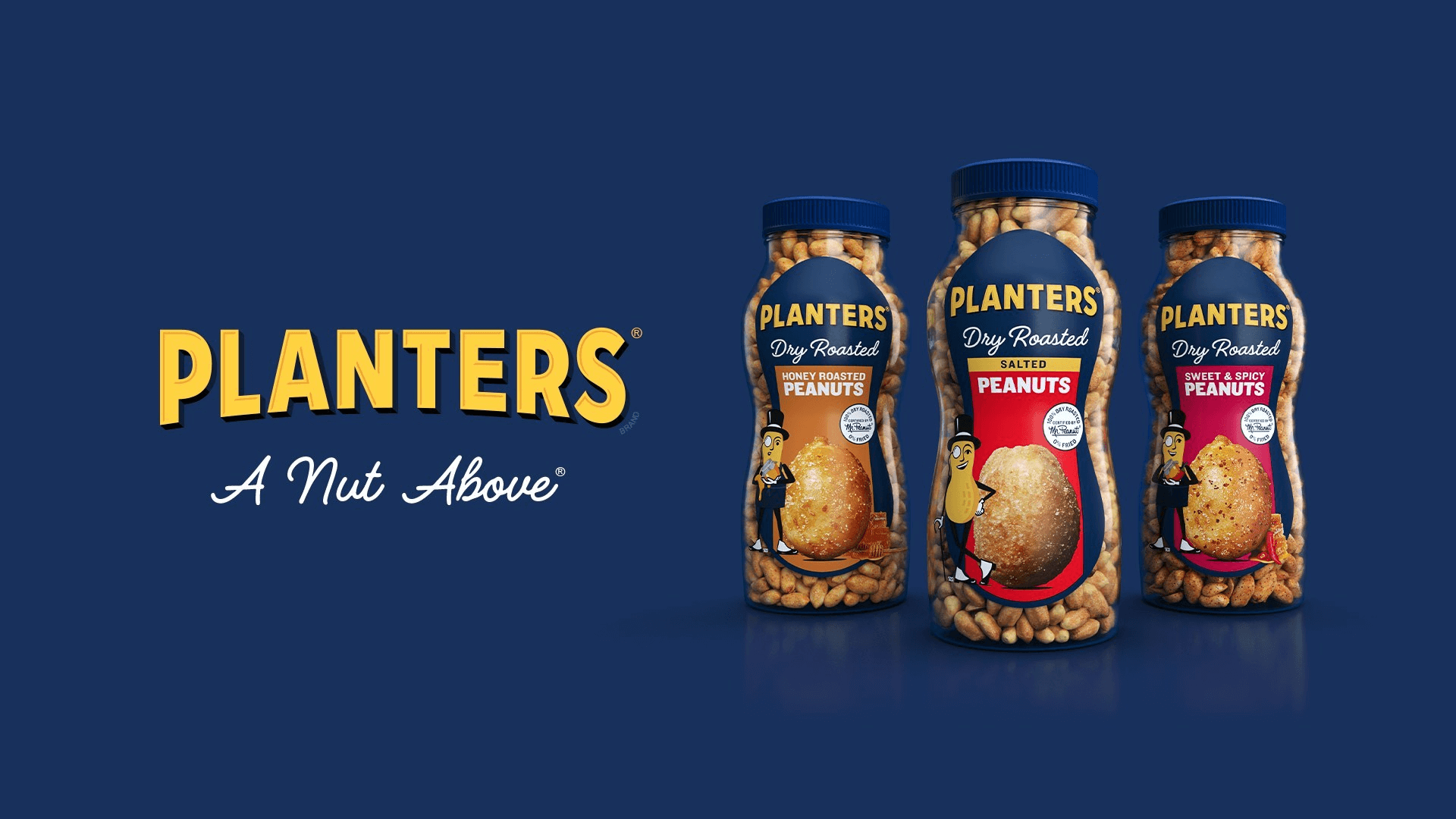 Promotional image showing the new packaging redesign for Planter’s Dry Roasted Peanuts