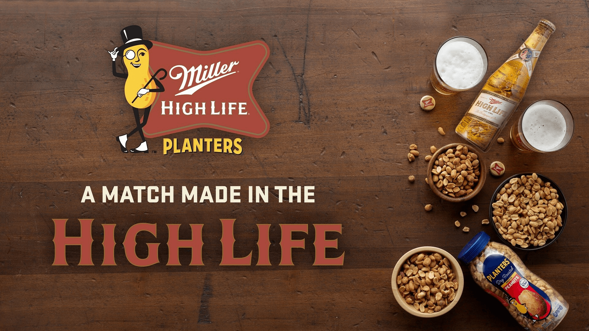 Promotional photo showing a collaboration between Miller High Life and Planters peanuts for an exclusive flavor