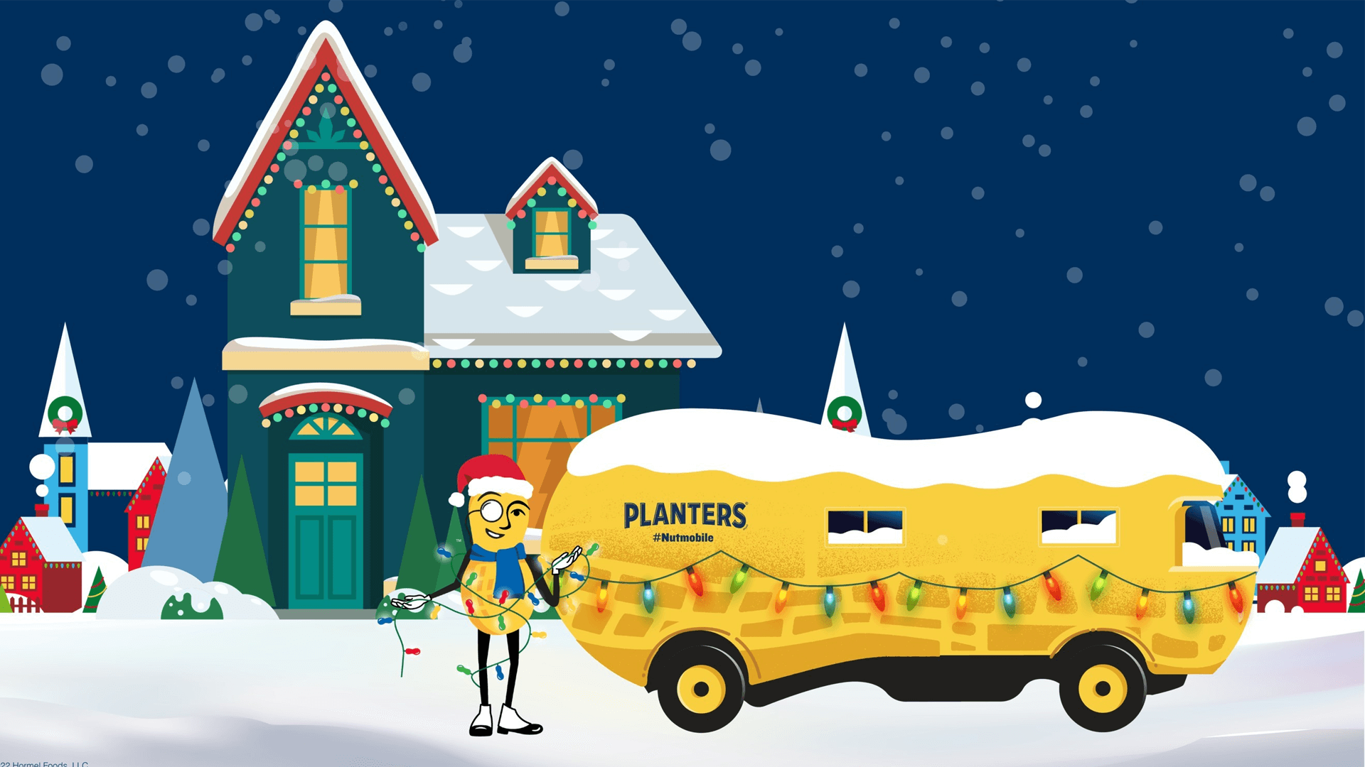Holiday Cartoon of Mr Peanut and the Nutmobile in a snowy landscape