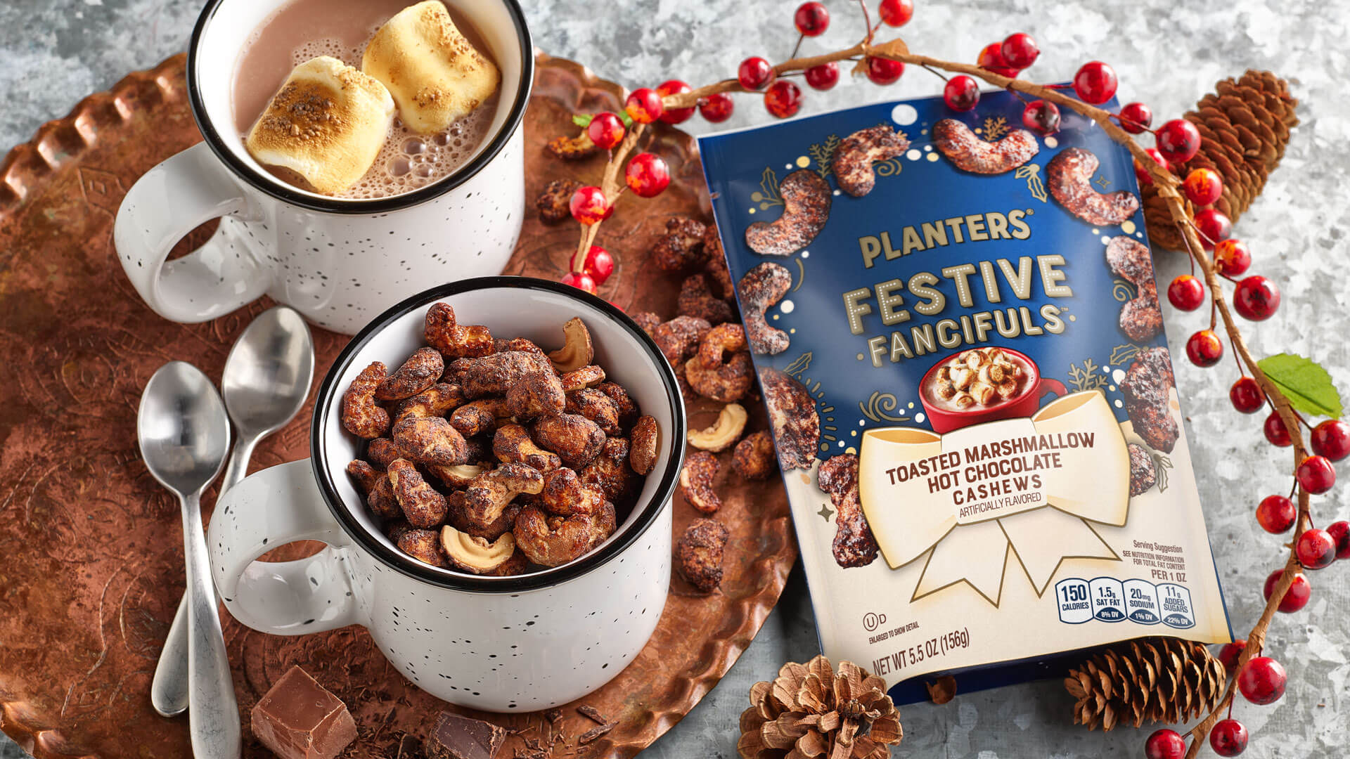 Toasted marshmallow hot chocolate cashews promotional photoshoot with holiday decor