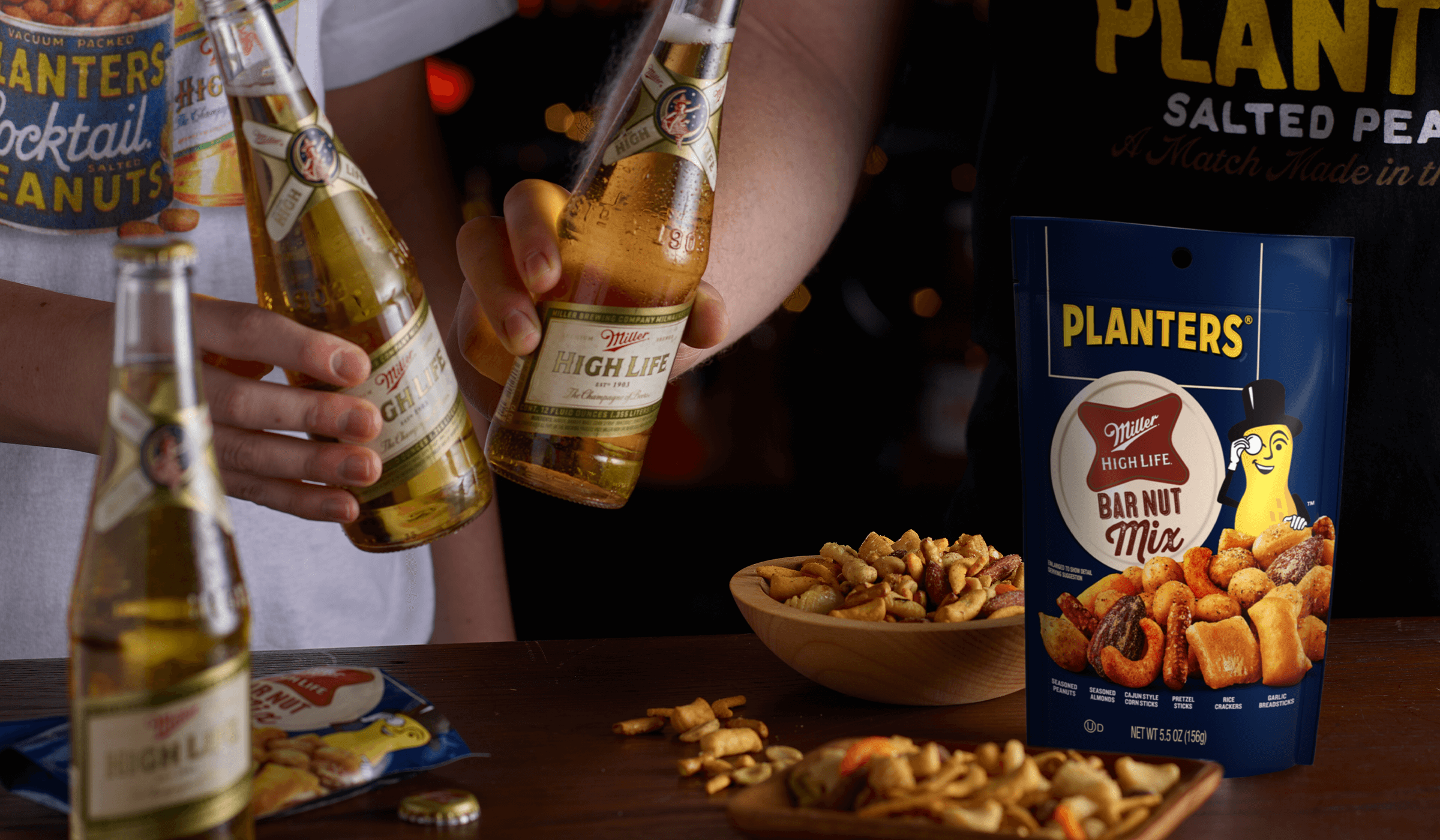 Mix of nuts and miller high life for a promotional collaboration photo