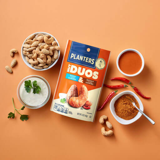 Promotional photo of planters duos ranch almonds and buffalo cashews on an orange background with bowls and packages