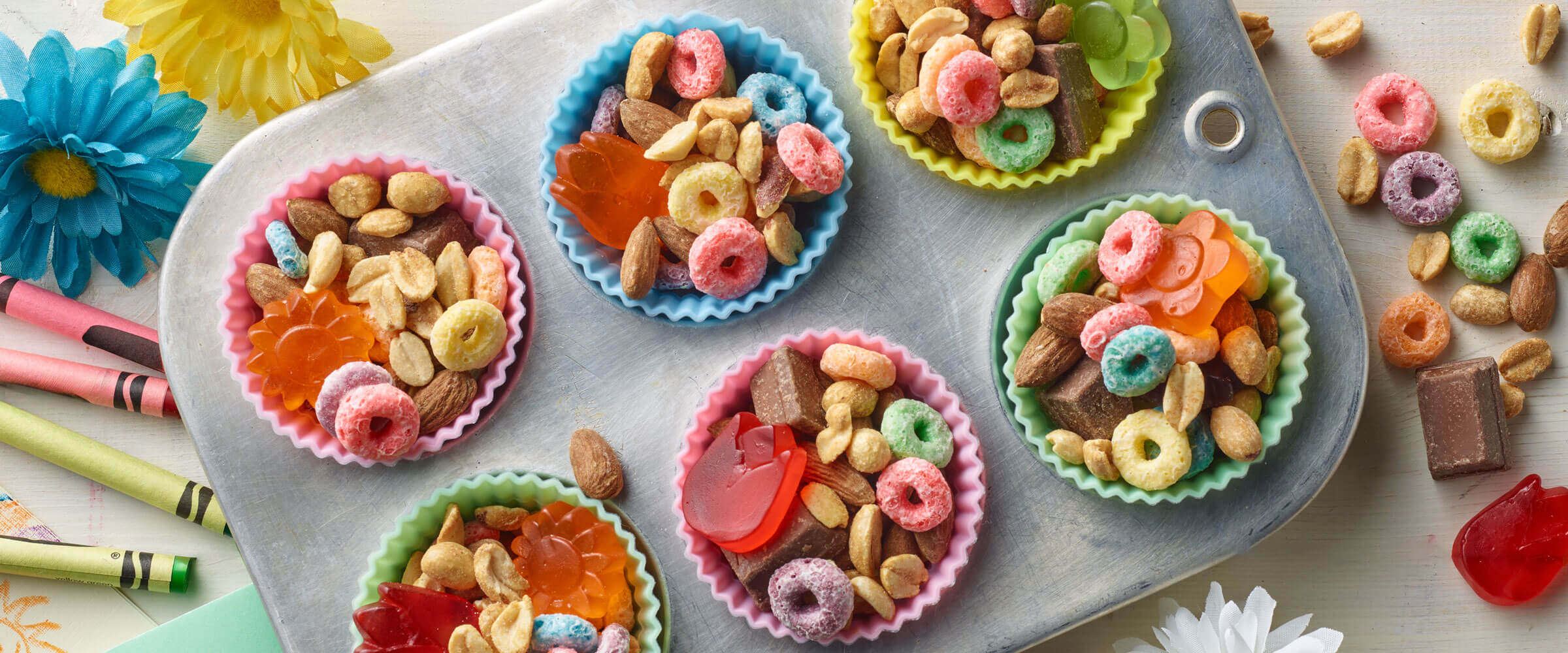 Mothers day snack mix on a snack board