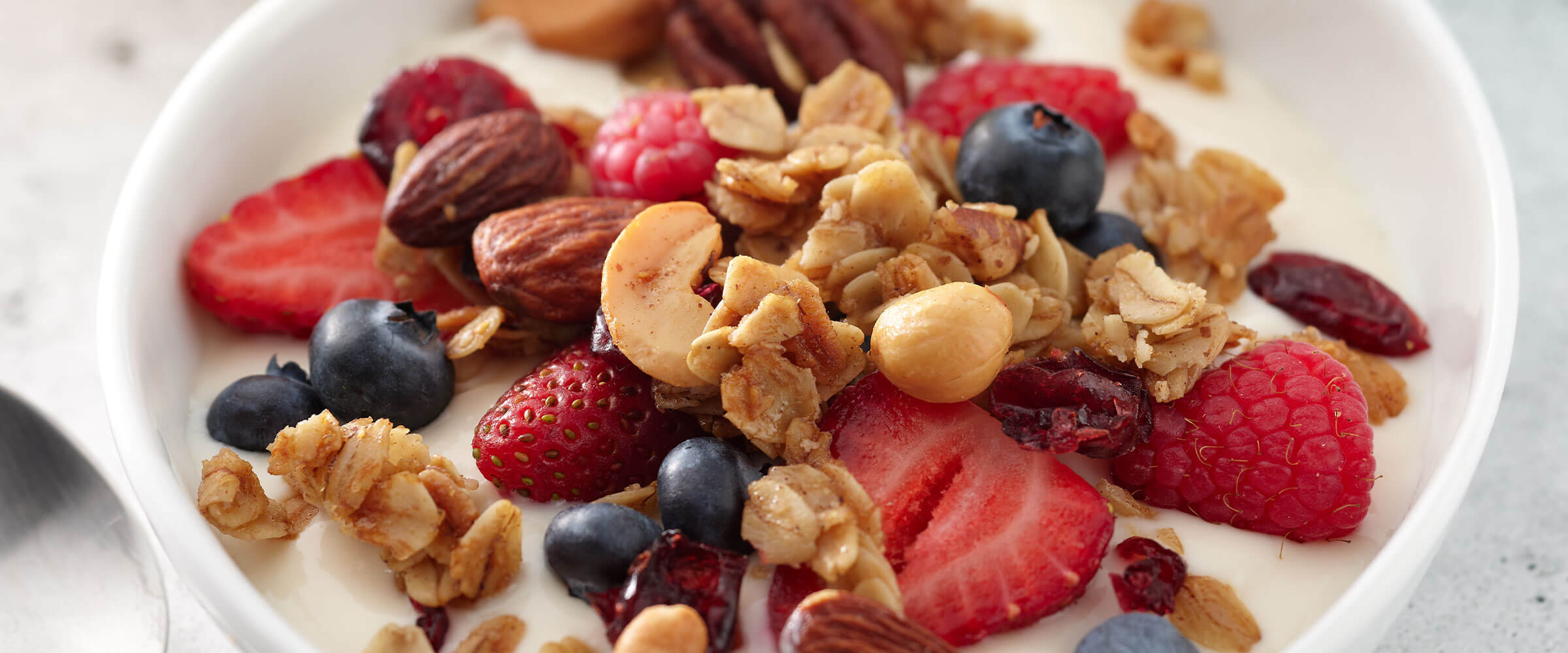 Close up of mixed nut granola on top of vanilla yogurt
