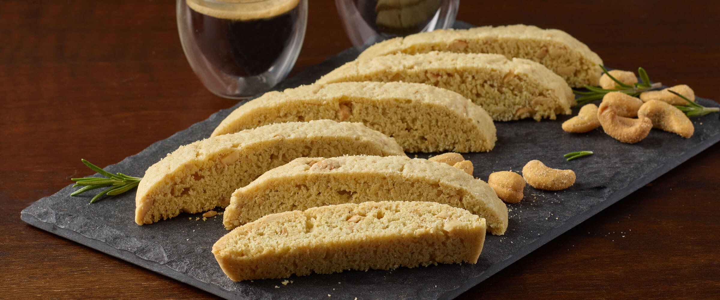 Rosemary and sea salt cashew biscotti close up on a plate