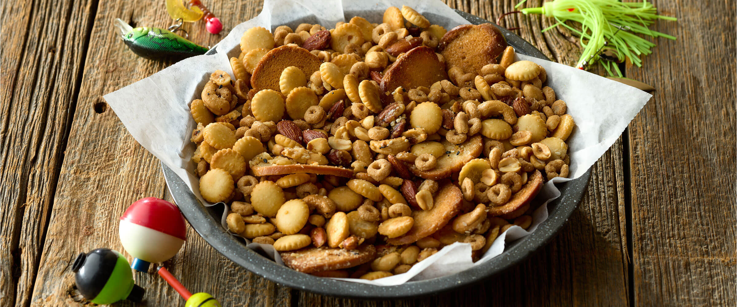 Planters everything bagel seasoning snack mix in a bowl on the counter