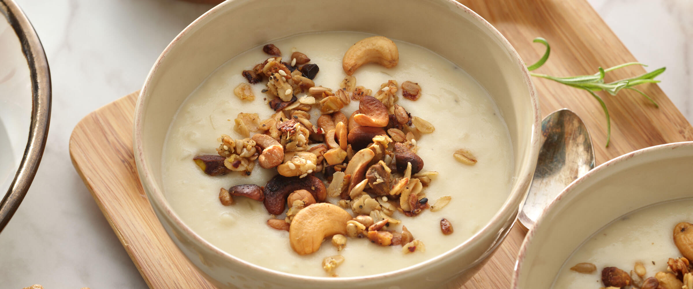 loaded mashed potato soup with savory rosemary sea salt cashew granola
