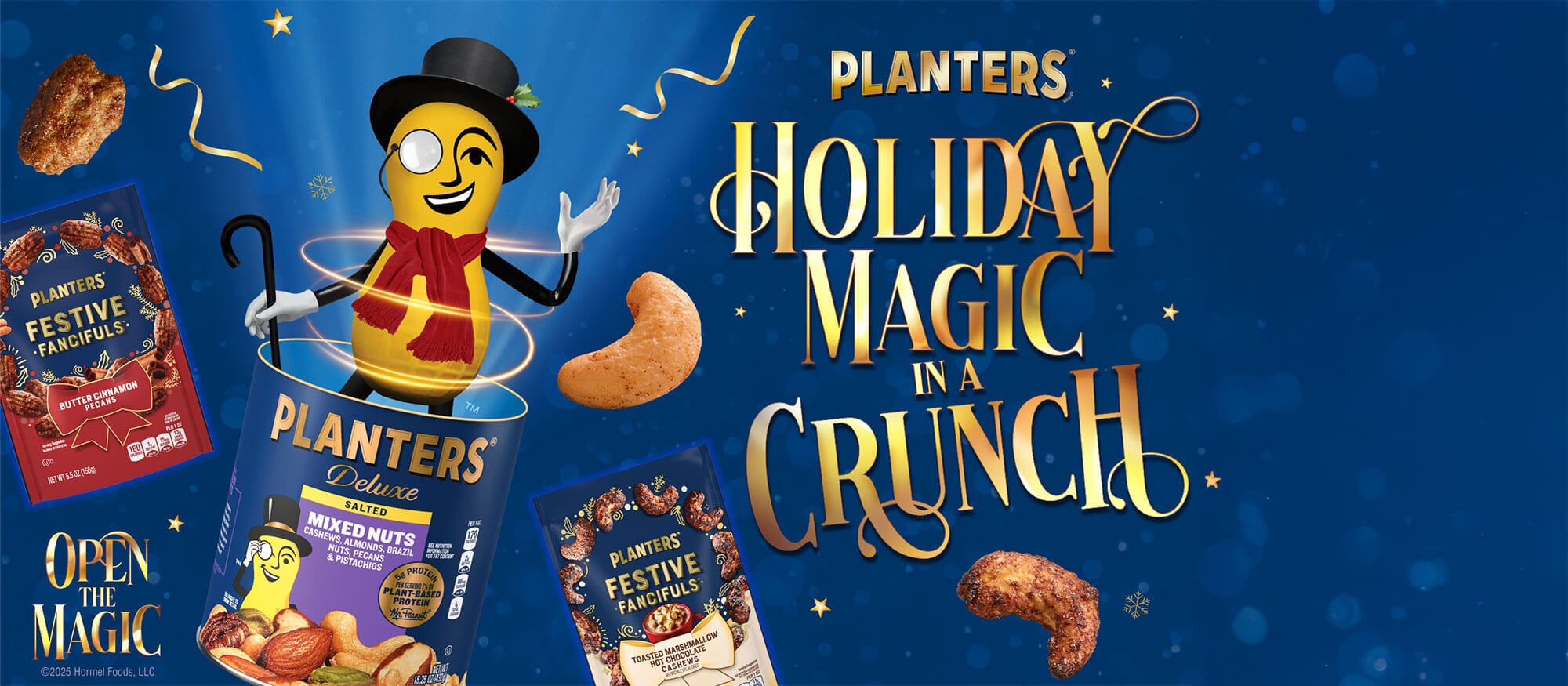 2025 Seasonals Campaign – Holiday Magic in a Crunch with MR. PEANUT hopping out of a Deluxe Mixed Nuts Jar