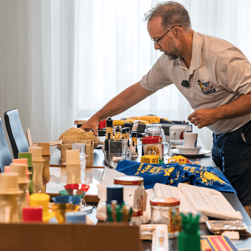 Man setting up various Planter’s Peanut’s promotional products