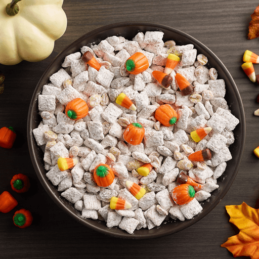 Pumpkin Party Mix Recipe in a bowl with fall decor