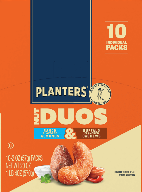 10 Pack of Planters Nut Duos Buffalo Cashews and Ranch Almond Snack Bags