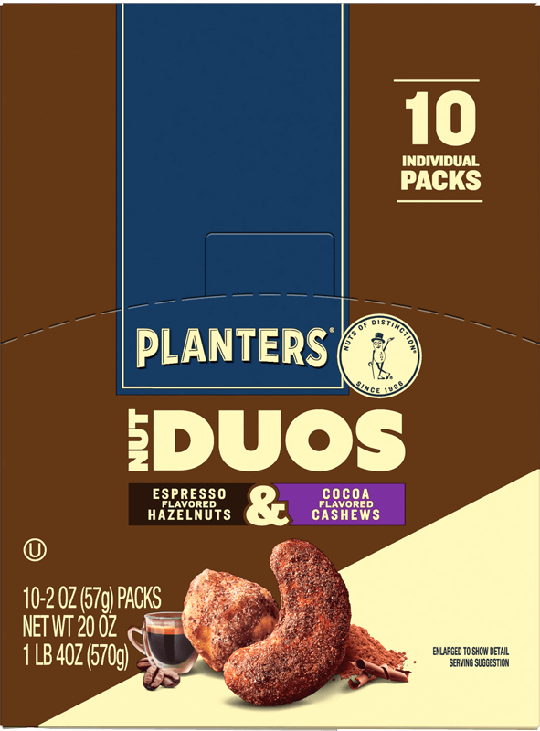 Snack Packs of Planters Duos Espresso Hazelnuts and Cocoa Cashews
