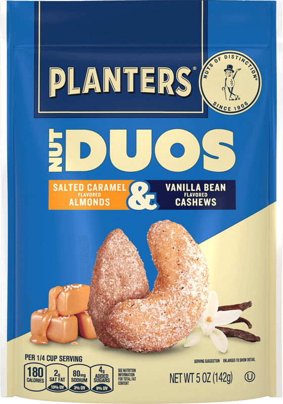 Container of Planters ‘Nut Duos’ Salted Caramel Almond and Vanilla Bean Cashew