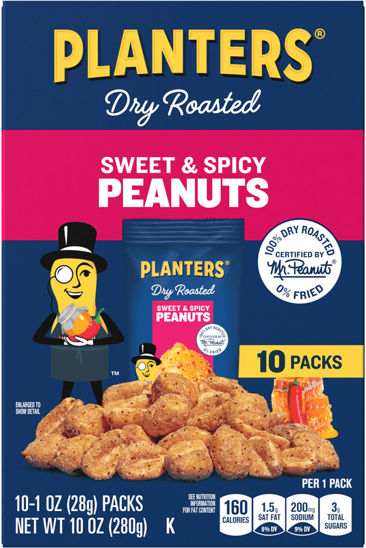 Snack packs of sweet and spicy peanuts