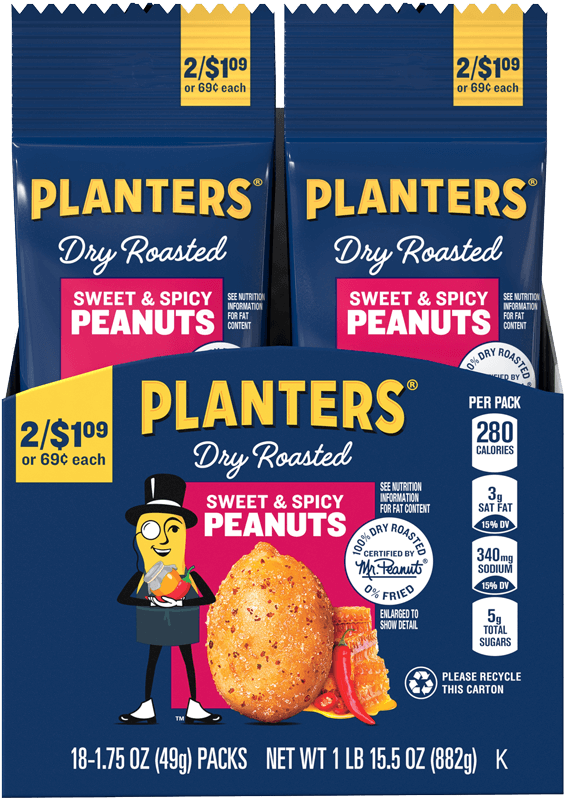 Bulk pack of 18 travel packs of sweet and spicy peanuts