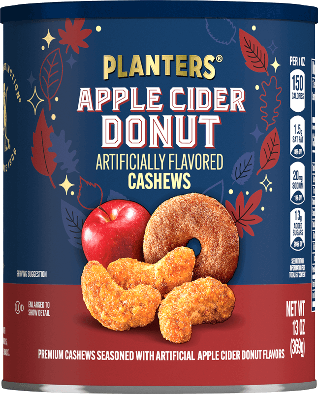 Seasonal container of apple cider donut flavored cashews