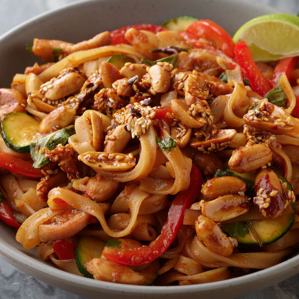 Chicken Noodle Stir Fry with Sesame peanuts in a bowl with lime garnish