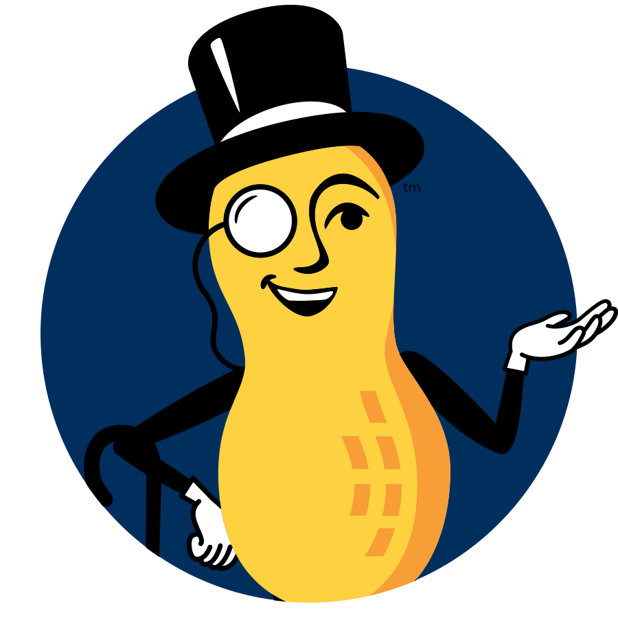Mr Peanut popping out of blue circle