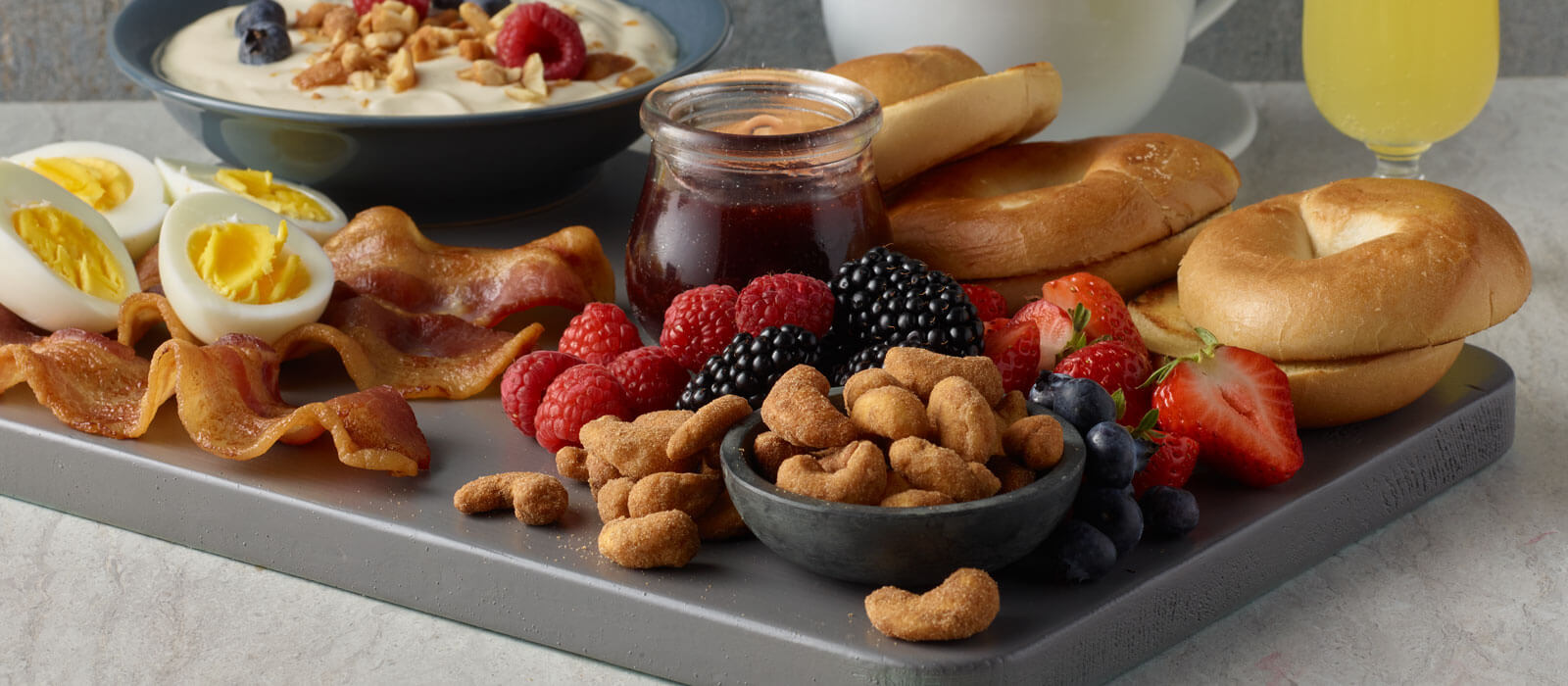 Breakfast buffet board featuring Planters cinnamon brown sugar cashews