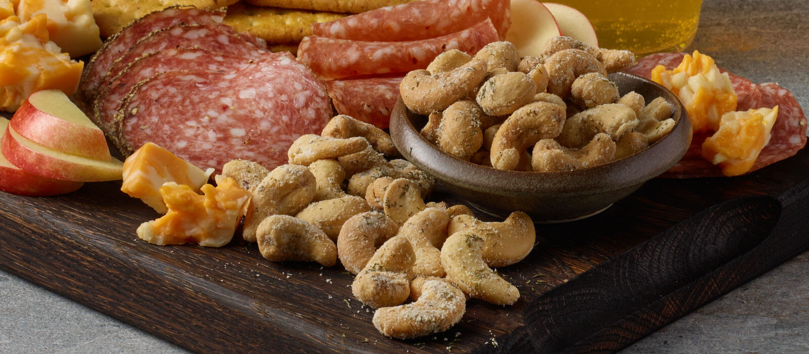 Dill Pickle Cashews on a Charcuterie Board